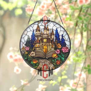 Märchenschloss Glasmalerei Suncatcher, Fantasy Märchenbuch Fensterschmuck, magisches Buch-Liebhaber-Geschenk, verzauberte Dekorplatte
