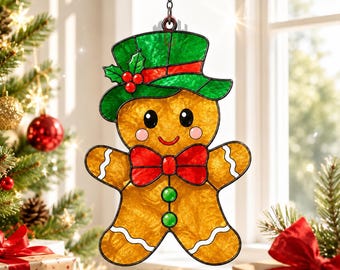Gingerbread Man Acrylic Suncatcher, Christmas Window Hanging Ornament, Stained Glass Style Xmas Decor, Friend Holiday Gift for Home Art