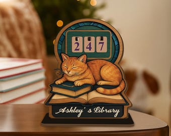 Tracker voor boeken die dit jaar worden gelezen – Cosy Cat on Books houten bord, gepersonaliseerde leesteller, cadeau boekenliefhebber, schattig bibliotheekdecor
