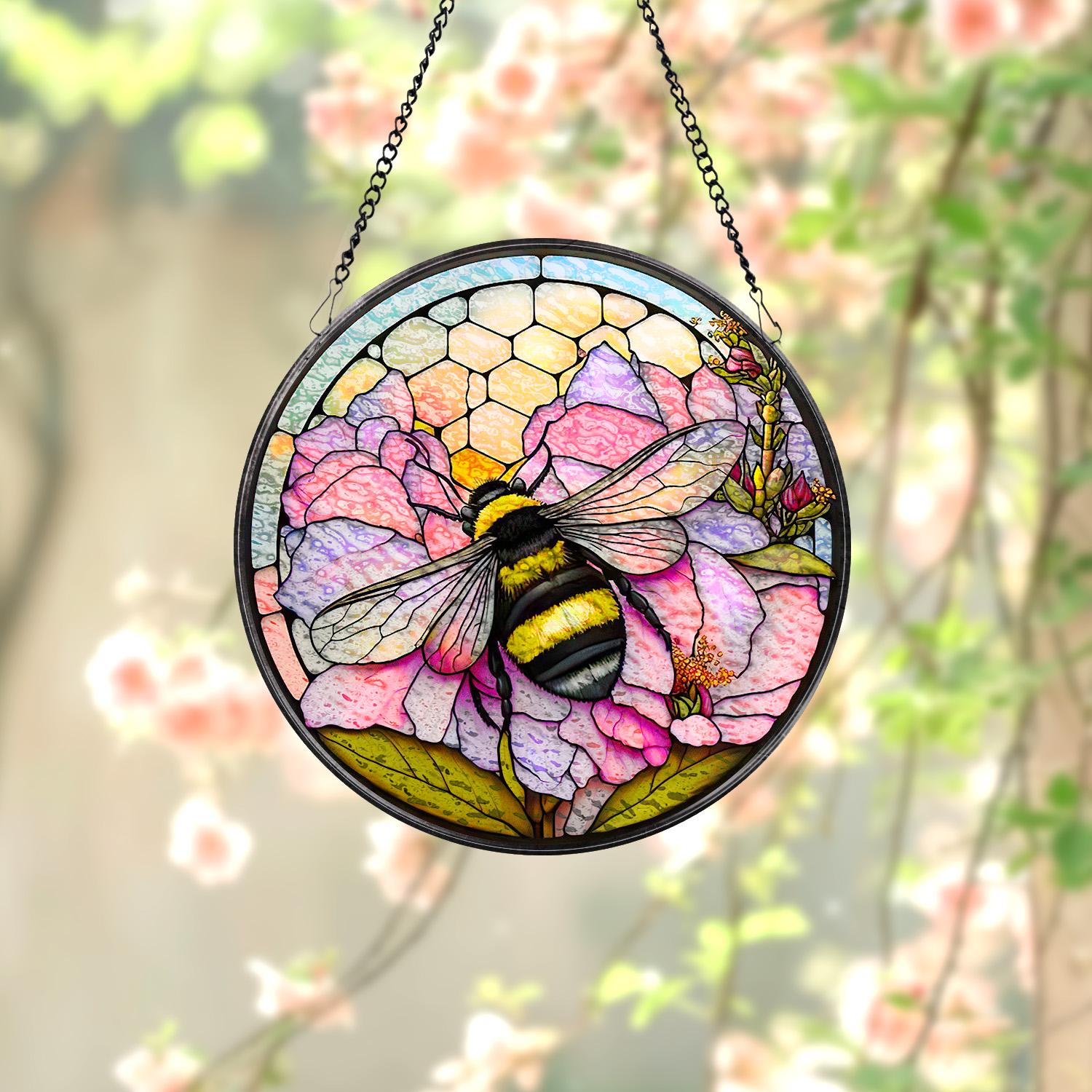 ミツバチのステンドグラス サンキャッチャー、ハニカム蜂の巣サン