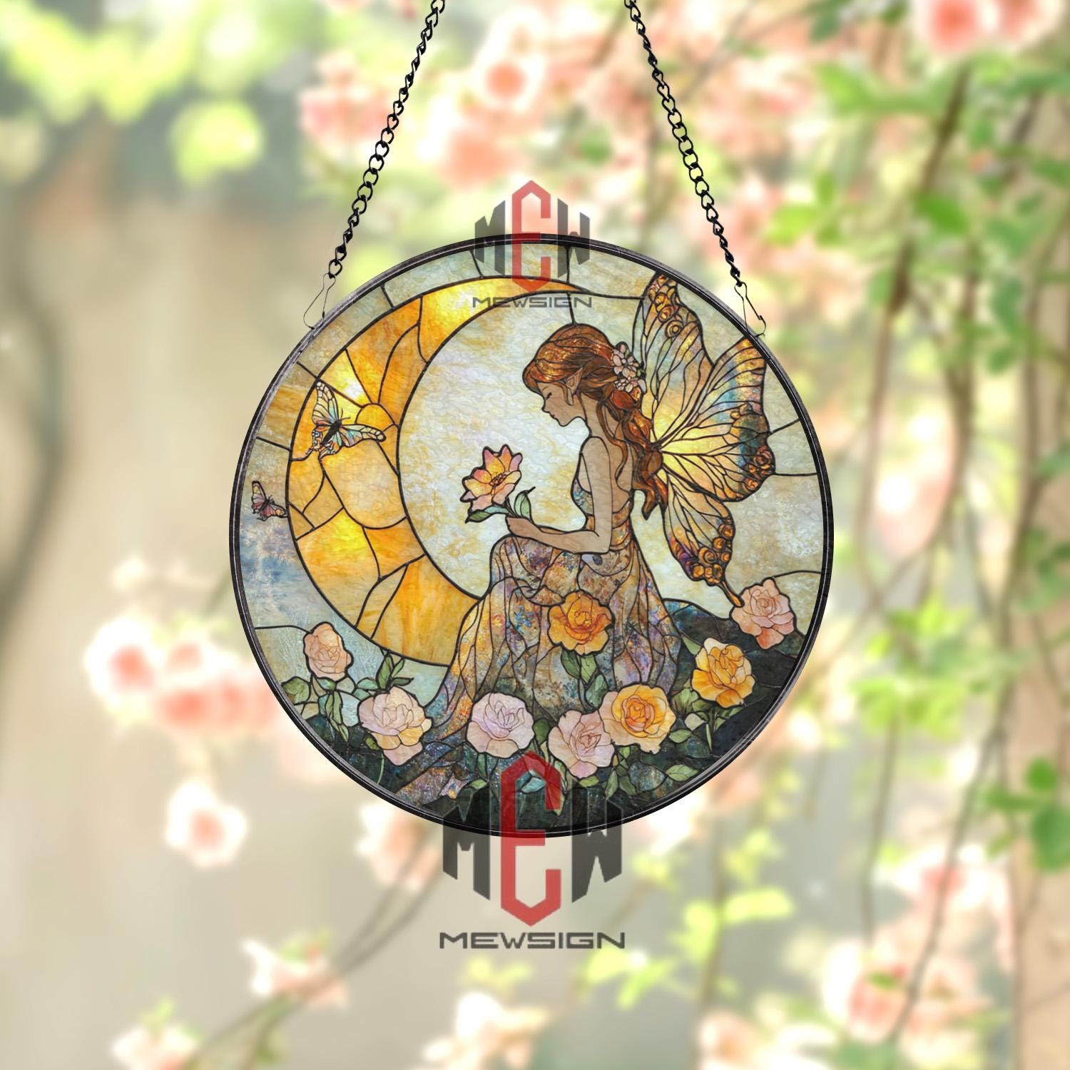 Fairy Stained Glass Suncatcher, Butterfly Wing Fairy Window Panel