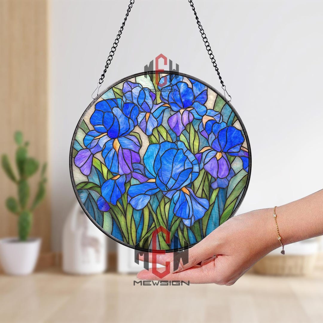 Blue Iris Stained Glass Suncatcher Round Floral Window Hanging ...
