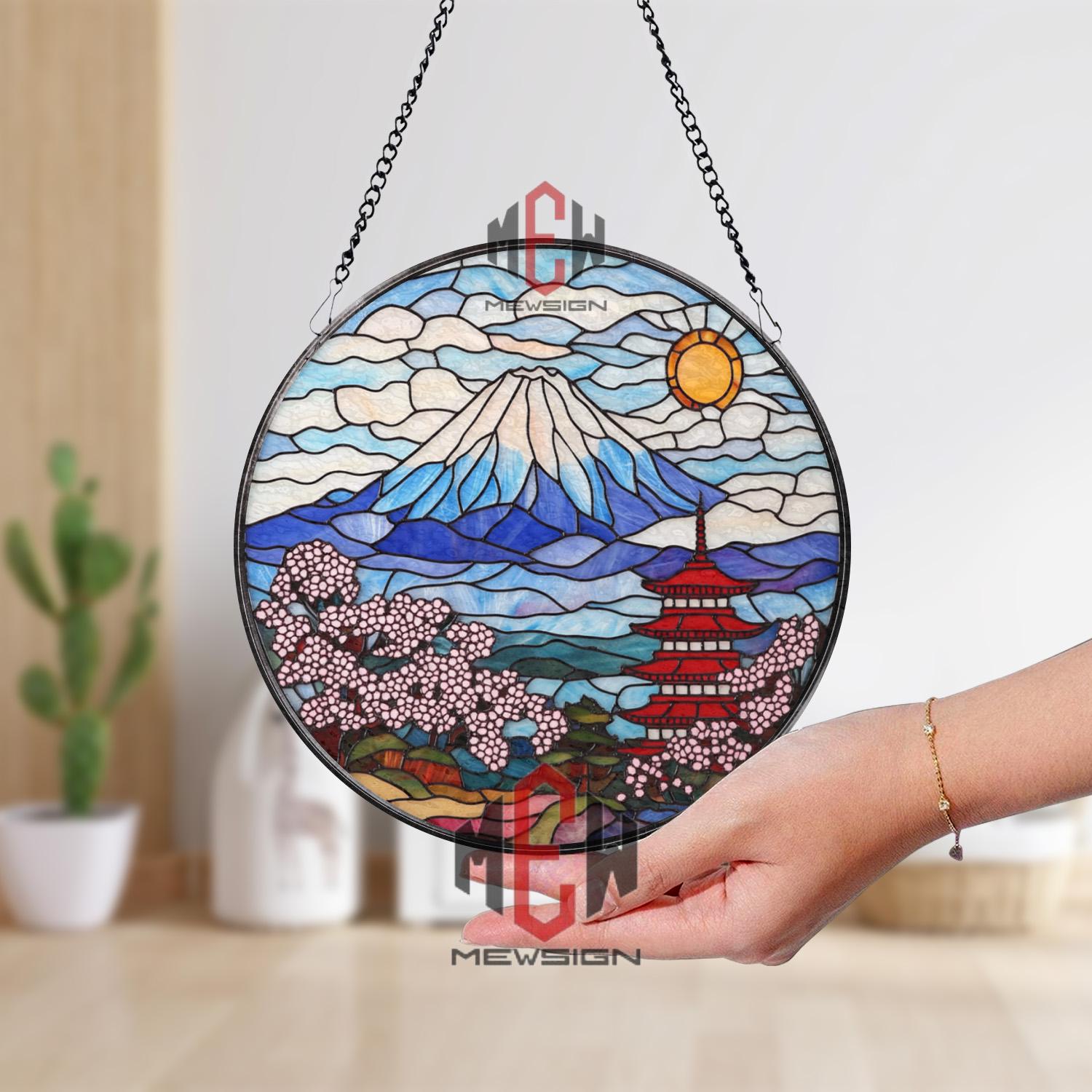 Mount Fuji Stained Glass Suncatcher, Japanese Pagoda Glass Art