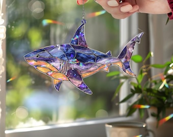 Shark Acrylic Suncatcher, Stained Glass Style Ocean Animal Window Hanging, Nautical Marine Life Home Decor Gift for Beach and Sea Lovers