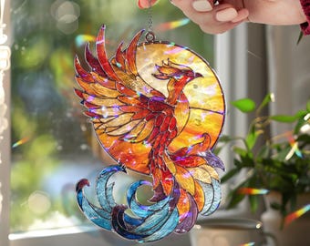 Phoenix Acrylic Wavy Suncatcher Ornament, Vibrant Mythical Bird Faux Stained Glass Window Hanging, Fiery Fantasy Decor for Spiritual Homes