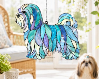 Shih Tzu Stained Glass Suncatcher, Shih Tzu Dog Window Hanging, Blue Dog Sun Catcher, Dog Lover Gift, Pet Decor Art