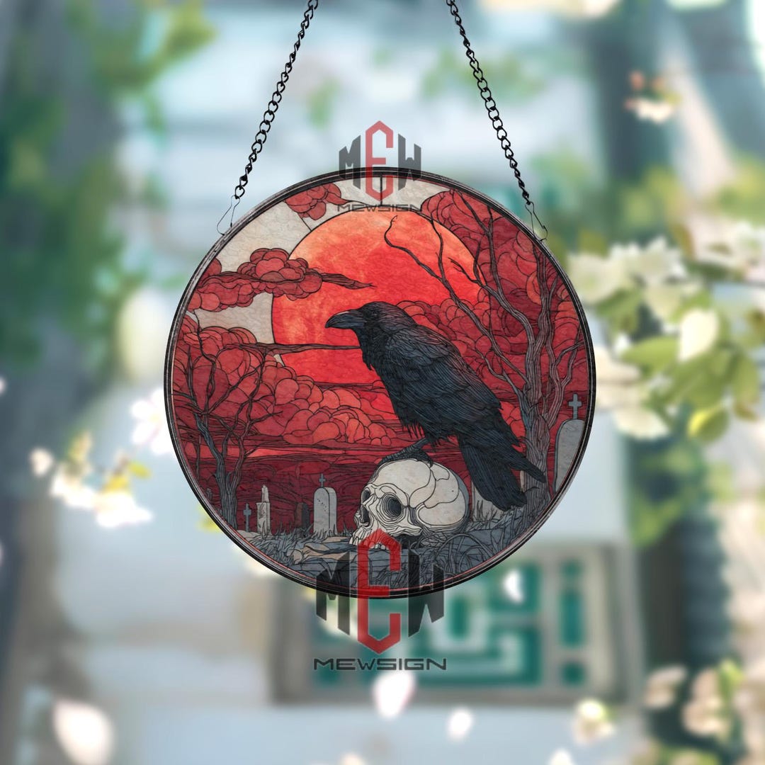 Raven and Skull Stained Glass Suncatcher, Round Gothic Cemetery