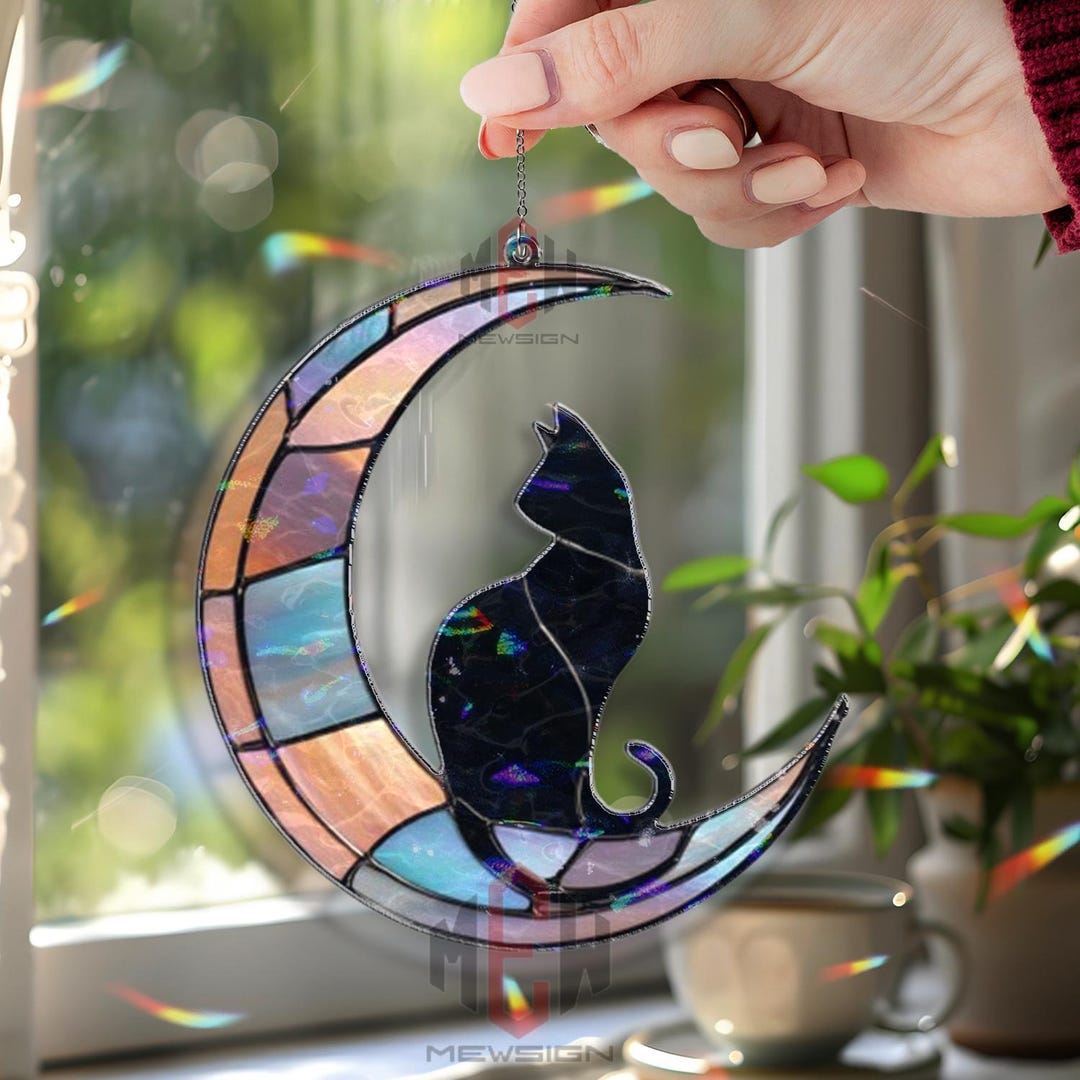 Black Cat Acrylic Suncatcher, Stained Glass Style Moon Cat Window ...