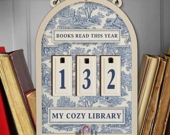 Books Read This Year Tracker – Blue Toile Library Sign, Vintage Reading Counter, Personalized Wood Decor, Cozy French Cottage Gift
