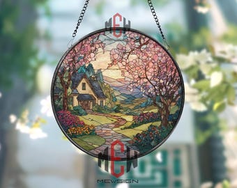 Country Cottage Stained Glass Suncatcher, Round Spring Landscape Window Panel, Floral Path Garden Glass Art Home Decor Gift