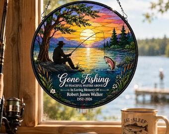 Personalized Fishing Memorial Suncatcher, Fisherman Sunset Lake Glass Window Hanging, Gone Fishing Memorial Gift for Dad, Cabin Ornament