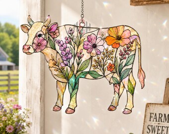 Wildflower Cow Acrylic Suncatcher, Retro Cow Lover Window Hanging Decor, Trendy Farm Gift, Floral Farmhouse Decor, Home Gift For Cow Lover