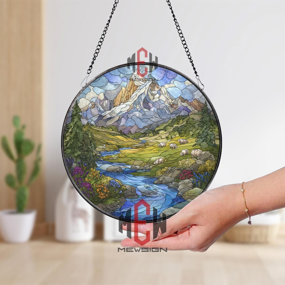 Mountain Landscape Stained Glass Suncatcher, Round Alpine Window Panel ...