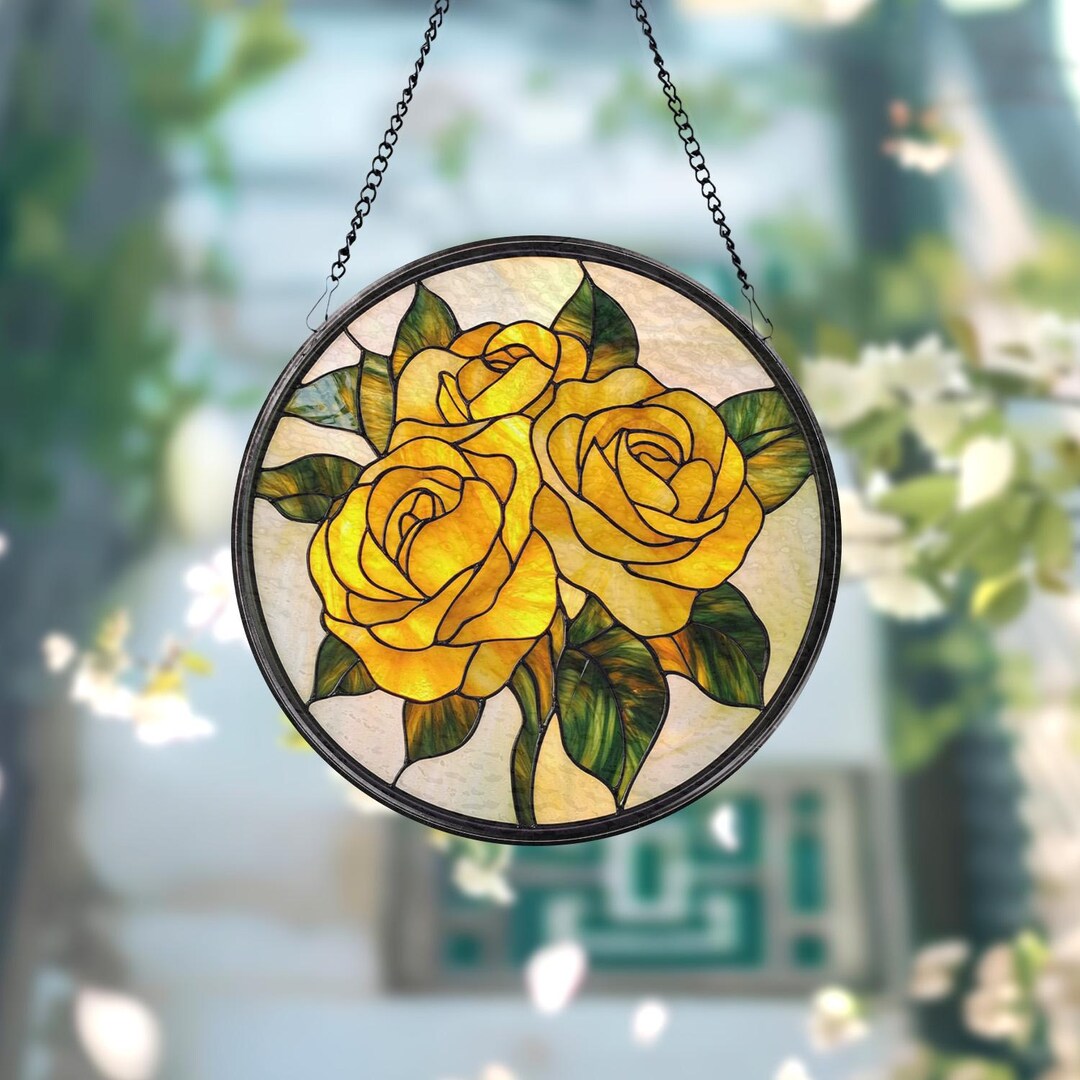 Gold Rose Glass Window Hanging, Stained Glass Rose Ornament, Floral ...