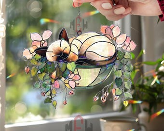Siamese Cat Acrylic Suncatcher, Sleeping Siamese Floral Hanging Decor, Cute Cat Sun Catcher Window Ornament