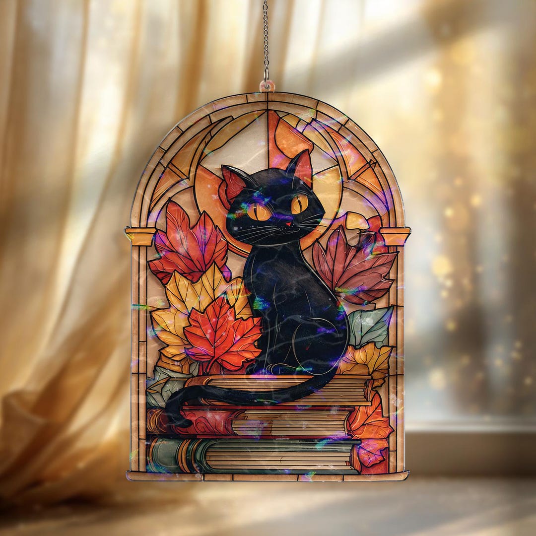 Black Cat Acrylic Suncatcher, Stained Glass Style Autumn Leaves With ...