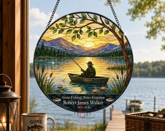 Personalized Fishing Memorial Glass Suncatcher, Custom Fisherman Window Hanging, Lake House Cabin Decor, Sympathy Loss of Dad Gift Decor