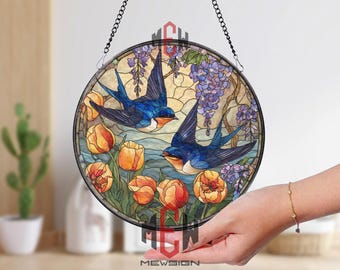 Swallow Birds Stained Glass Suncatcher, Round Window Panel with Bluebirds, Tulips and Wisteria, Nature Spring Home Decor Gift