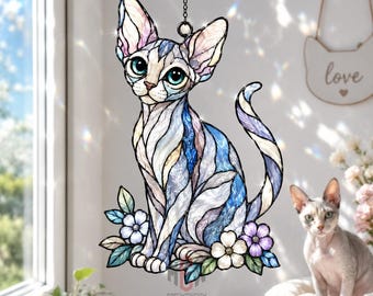Devon Rex Cat Acrylic Suncatcher, Stained Glass Cat Window Hanging, Big Ear Curly Cat Lover Gift, Cat Mom Pet Memorial Keepsake For Her