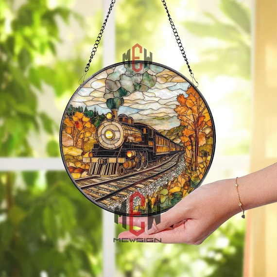 ヴィンテージ列車ステンドグラスサンキャッチャー、秋の鉄道窓パネル