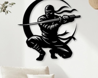 Ninja-väggkonst i metall, halvmåne- och samurajsvärdsskylt, cool krigarväggdekor, skylt för kampsport, väggkonst för tonårspojkar eller spelrum