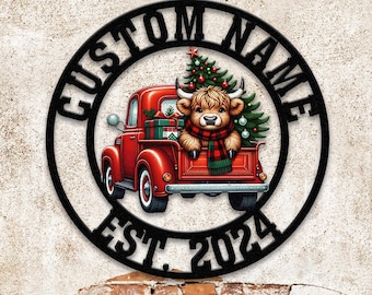 Highland On A Christmas Truck Metal Sign, Custom Highland Cow Wall Art, Personalized Highland Cow Farm Sign, Farmhouse Decor, Ranch Decor