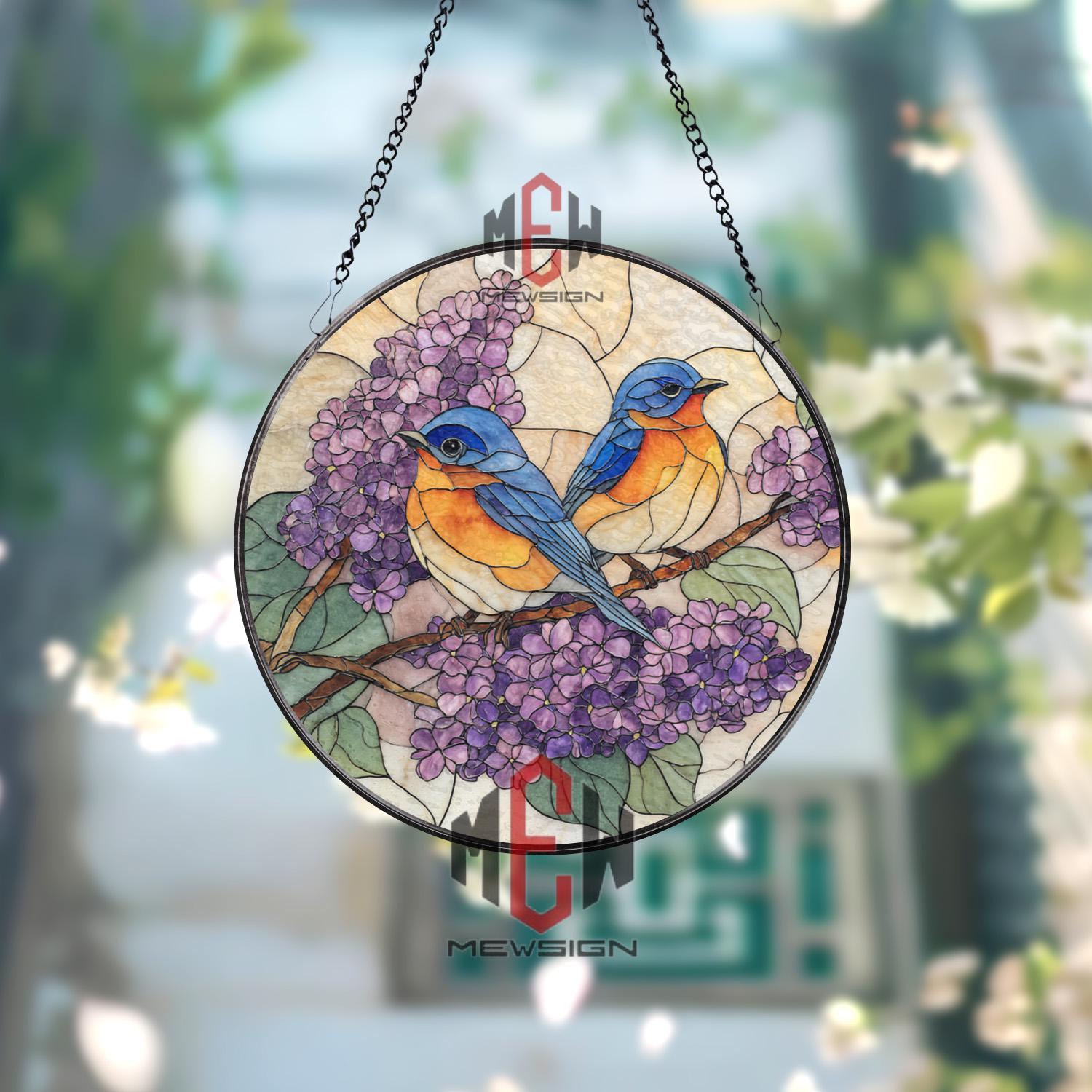 ブルーバードとライラックのステンドグラスサンキャッチャー、カラフル