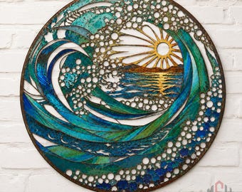 Ocean Wave Metal Wall Art, Coastal Beach House Decor, Patina Sunset Wall Sign, Nautical Sea Wave Decor, Beach Lover Gift, Home Decor