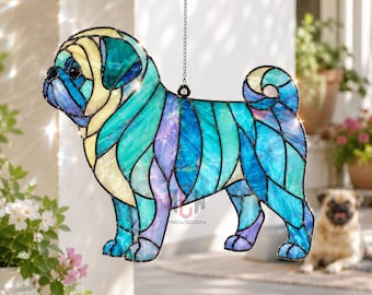 Pug Stained Glass Suncatcher, Pug Dog Window Hanging, Blue Dog Sun Catcher, Dog Lover Gift, Pet Decor Art