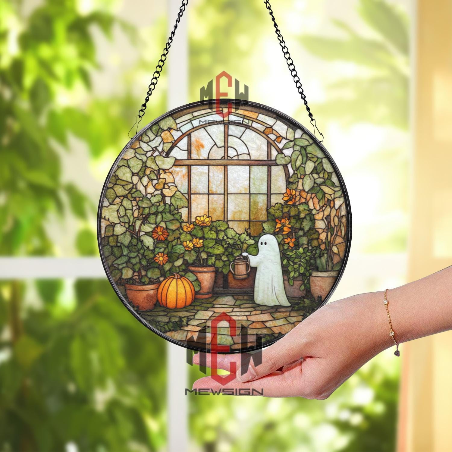 Ghost in Greenhouse Stained Glass Suncatcher, Cute Fall Window