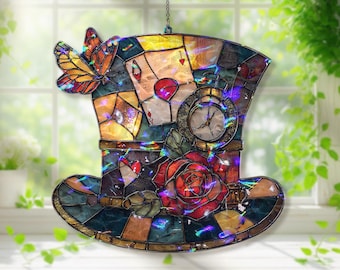 Mad Hatter Hat Acrylic Suncatcher, Stained Glass Style Alice in Wonderland Window Hanging, Fantasy Rose Butterfly Clock Home Decor Gift