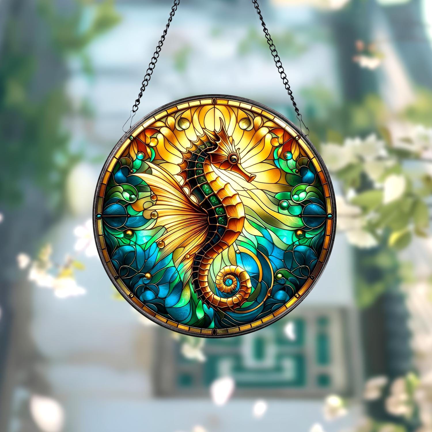 Seahorse Stained Glass Suncatcher, Window Hanging, Seahorse Window Decor, Gift For Seahorse Lover, Beach SeaHouse Suncatcher