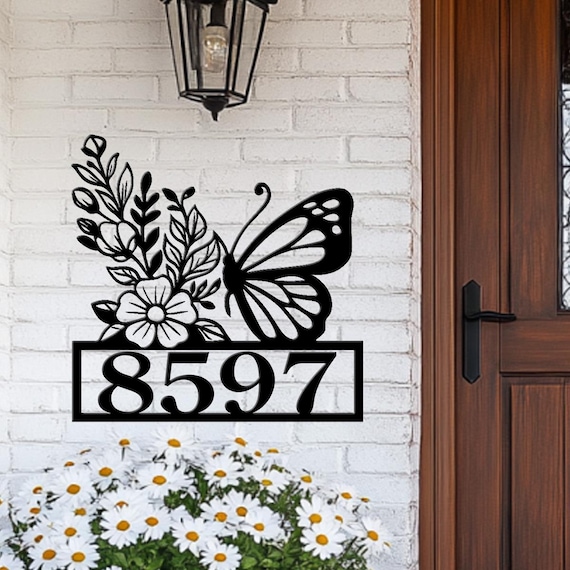 Personalized Butterfly House Number Sign With Floral Design