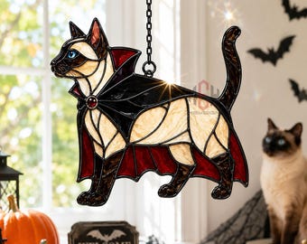 Vampire Siamese Cat Acrylic Suncatcher, Halloween Cat Window Hanging, Stained Glass Style Sun Catcher, Cat Lover Gift, Spooky Pet Decor