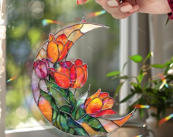 Crescent Moon Tulip Acrylic Suncatcher, Stained Glass Style Floral Window Hanging, Colorful Spring Flower Home Decor Gift
