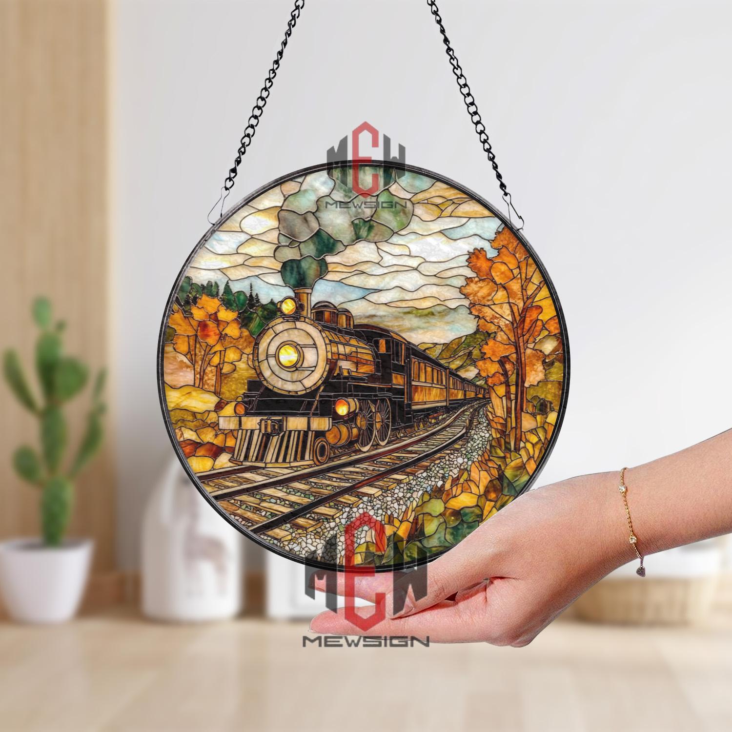 ヴィンテージ列車ステンドグラスサンキャッチャー、秋の鉄道窓パネル