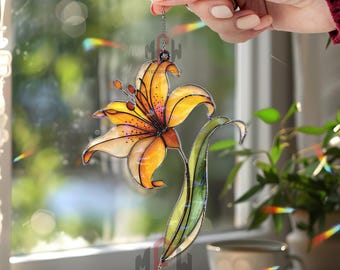 Personalized Orange Lily Acrylic Suncatcher, Elegant Floral Window Hanging, Botanical Flower Decor, Garden Lover Gift Ornament