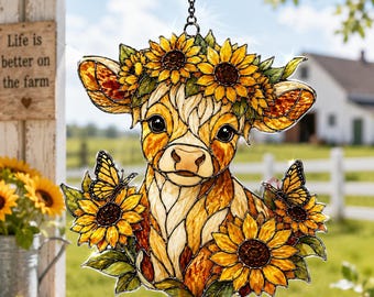 Sunflower Highland Cow Acrylic Suncatcher, Unique Handmade Holiday Gift, Farmhouse Garden Decor, Rustic Home Gift for Mom, Animal Lovers