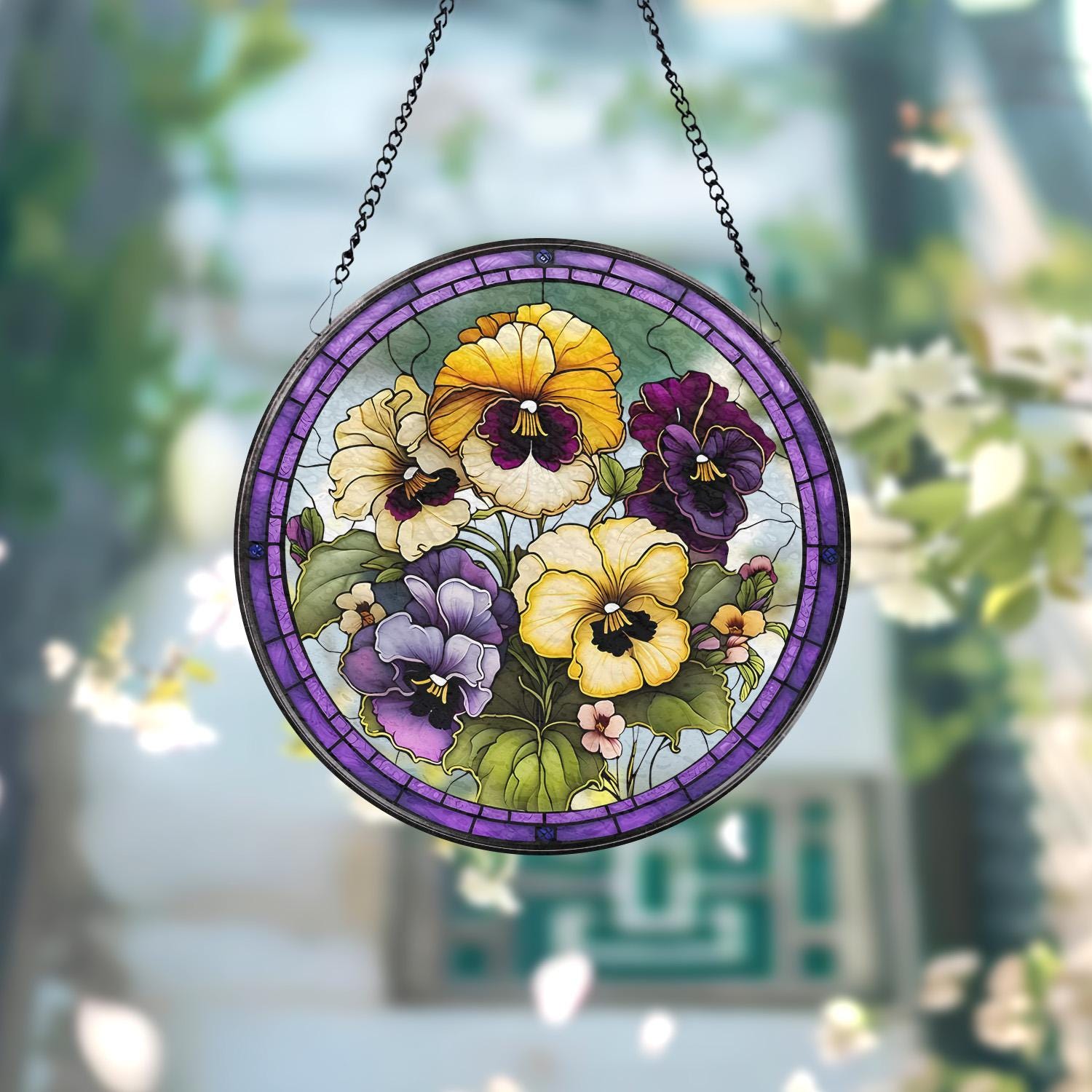 Pansies Flower Stained Glass Suncatcher, Window Hangings, Wall Decor, Flowers Suncatcher Gift, Window Hanger, Birthday Gift For Mom