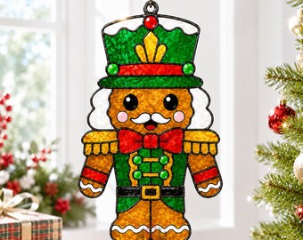 Gingerbread Nutcracker Acrylic Suncatcher, Christmas Window Hanging Ornament, Stained Glass Style Xmas Decor, Holiday Gift for Home Wall Art