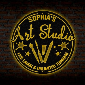 Letrero de estudio de arte personalizado, arte mural de metal con pintura personalizada, letrero con nombre de artista, regalo para profesor de arte, decoración con herramientas de artista, regalo para amantes del dibujo