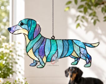 Dachshund Stained Glass Suncatcher, Dachshund Dog Window Hanging, Blue Dog Sun Catcher, Dog Lover Gift, Pet Decor Art