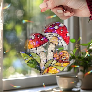 Acchiappasole in vetro colorato finto a forma di fungo e lumaca, pannello per finestra a forma di fungo rosso, decorazione naturale Cottagecore per gli amanti del giardino