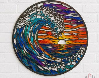 Ocean Wave Metal Wall Art, Coastal Beach House Sign, Stained Glass Style Sunset Wall Decor, Nautical Sea Wave Art, Beach Lover New Home Gift