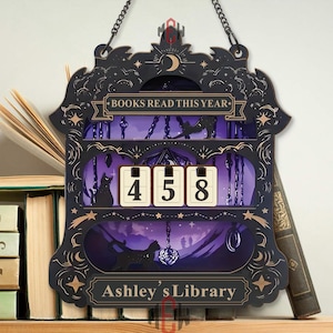 May include: Black and gold decorative wall hanging with the text "BOOKS READ THIS YEAR" and "Ashley's Library". The hanging has a counter showing the number "458". The background is purple with silhouettes of cats and other objects.