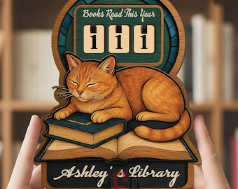 Gepersonaliseerde leesteller – Cosy Cat on Books houten bord, boeken dit jaar gelezen tracker, cadeau boekenliefhebber, schattig bibliotheekdecor