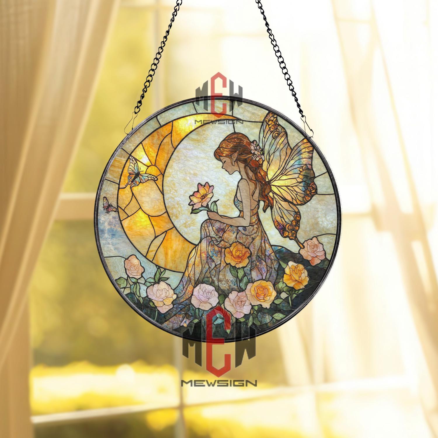 Fairy Stained Glass Suncatcher, Butterfly Wing Fairy Window Panel