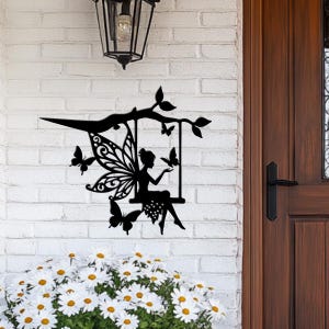 Feen-Metallwandkunst, Schmetterlings-Schaukel-Fee-Silhouette, wunderliche Garten-Dekoration, magisches Mädchen-Raumschild, Outdoor-Fantasy-Metallkunstwerk