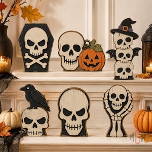 Vintage Halloween Skull Wooden Block, Skeleton Crossbones Raven Pumpkin Witch Hat Shelf Decor, Gothic Fall Home Gifts for Spooky Lovers
