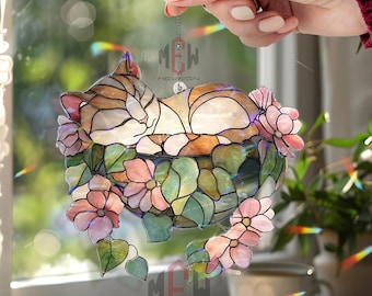 Atrapasueños acrílico con forma de gato Manx, decoración floral colgante con forma de gato Manx durmiendo, adorno para ventana con forma de gato adorable.